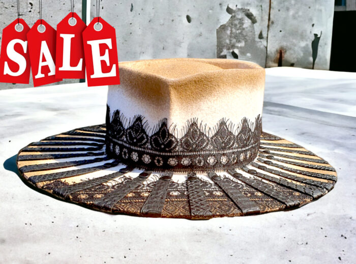 handpainted hat croco leather radial design with lace and beige details