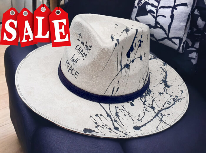 White suede handpainted hat with message