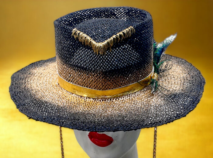 suummer black gold sinamay hat handmade handpainted