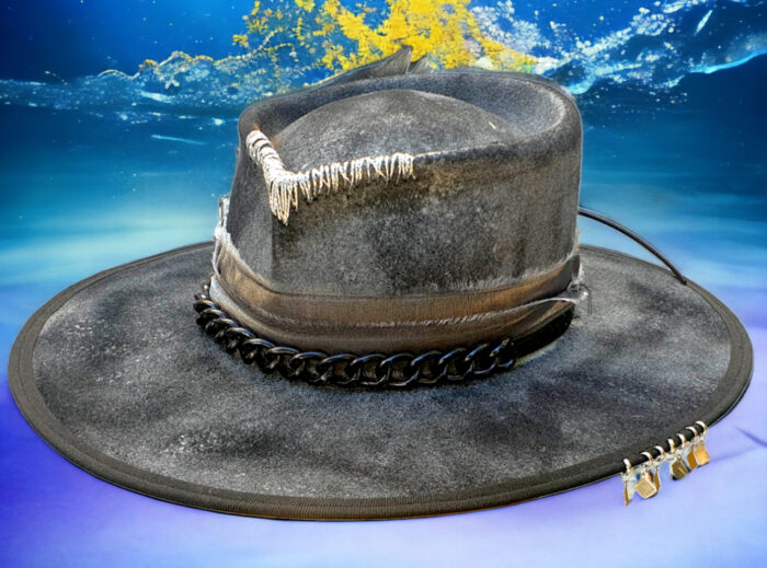 black silver felt unique hat with silver accesories and silver feather