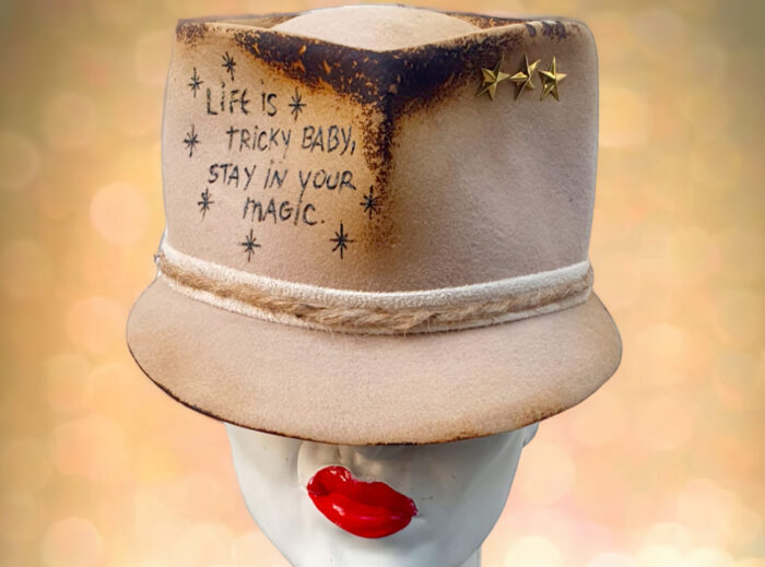 Felt cap customised with message gold stars