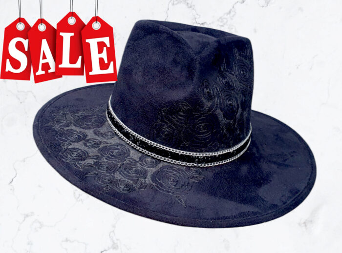 black suede hat with rosses engraved elegant hat