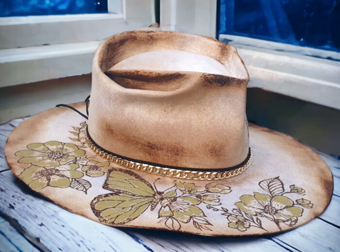 hand painted hat engraved with flowers. Unique hat