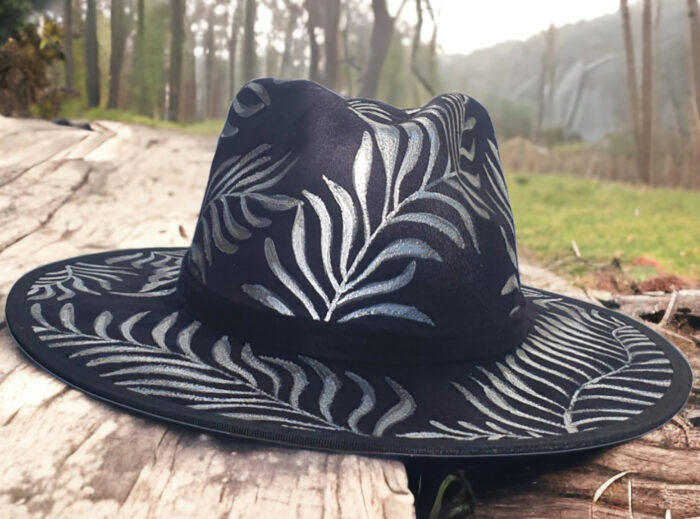 Black suede hat handpainted with siver leaves