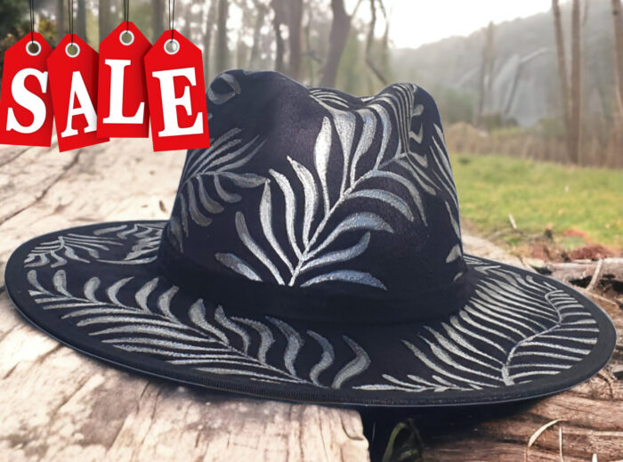 Black suede hat handpainted with siver leaves