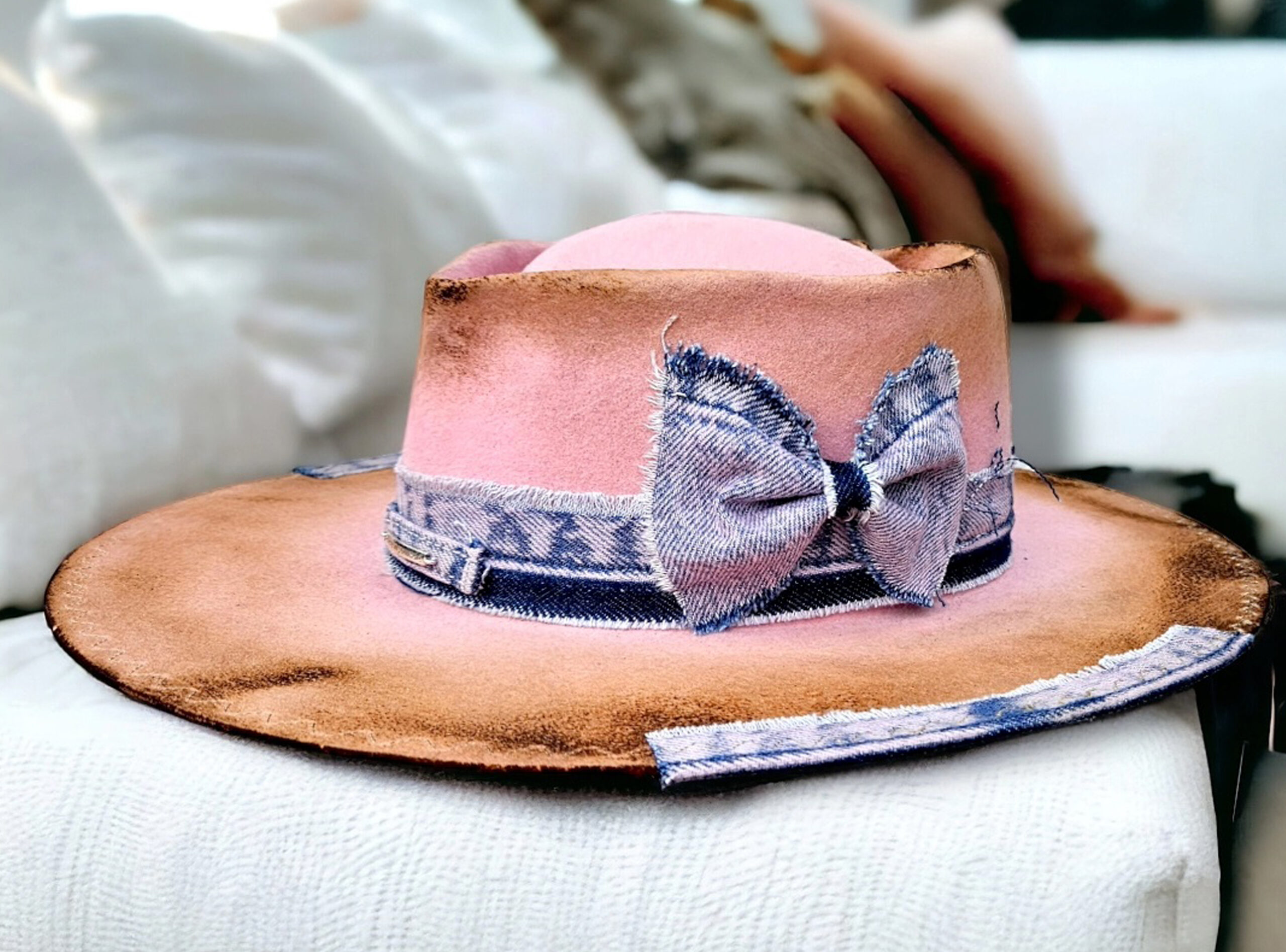 Pink burnt hat with denim decor felt hat natural wool heart crown