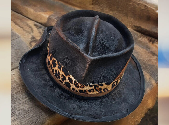 trashy black animal print felt burnt hat unique concept with leather details