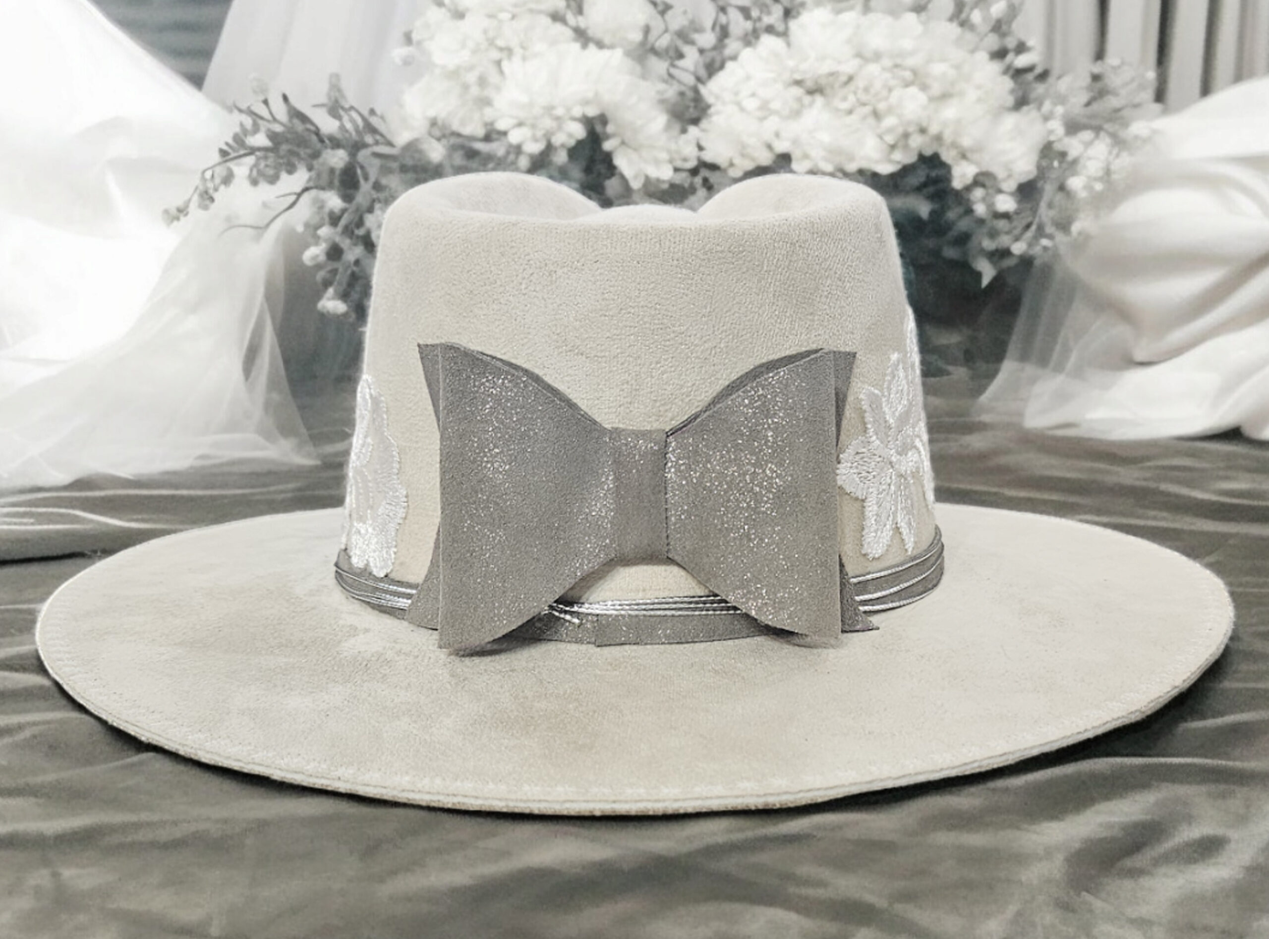 bridalhat white hat with lace and silver leather bow