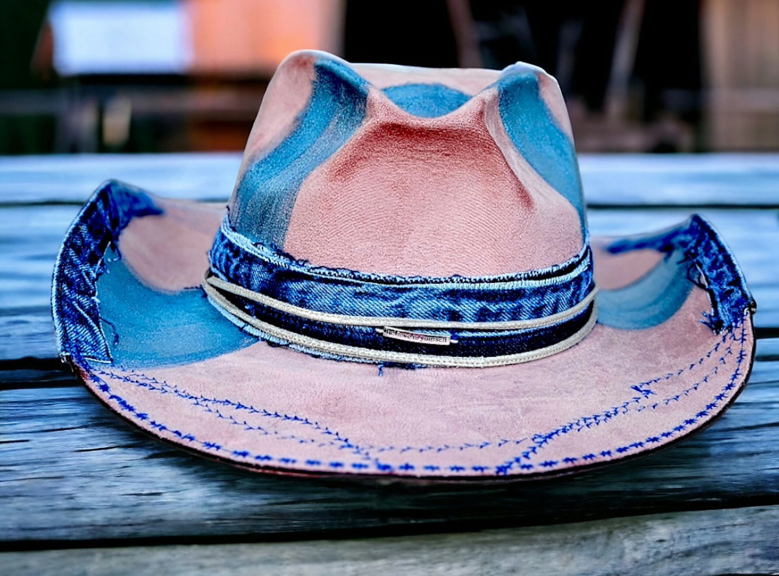 western Pink denim handpainted hat with denim jeans decor unique hat fashion concept