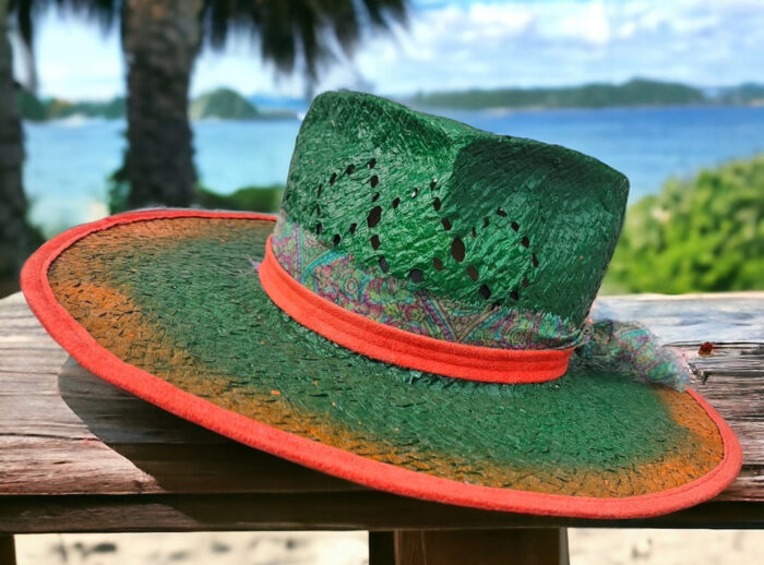 Green orange straw wisca summer hat handpainted heart crown