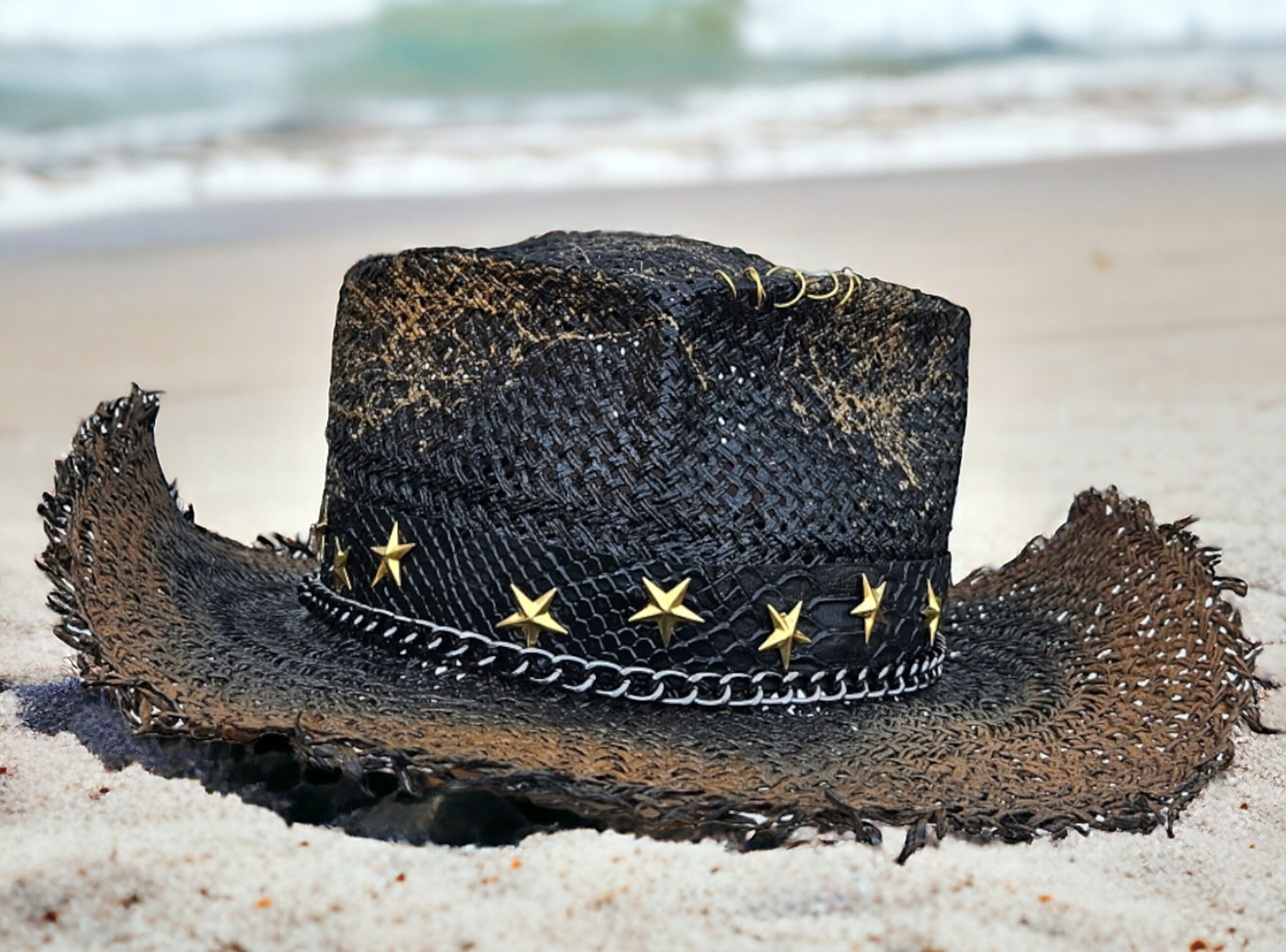 summer painted hat western wisca hat with gold stars black paint