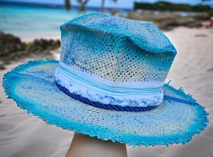 Blue straw summer hat handpainted unique model with blue white decor