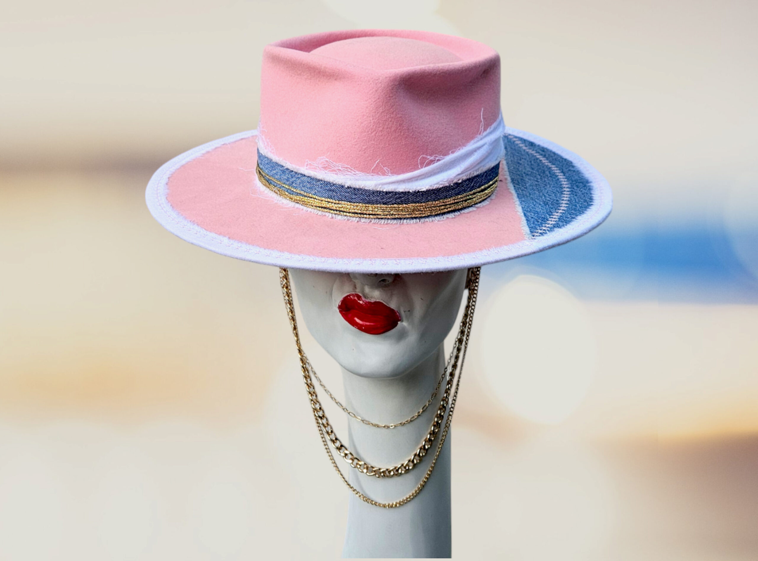 pink hat with jeand denim and gold chain felt hat natural wool