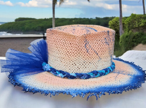 Peach pink blue straw hat unique with blue tulle straw hat