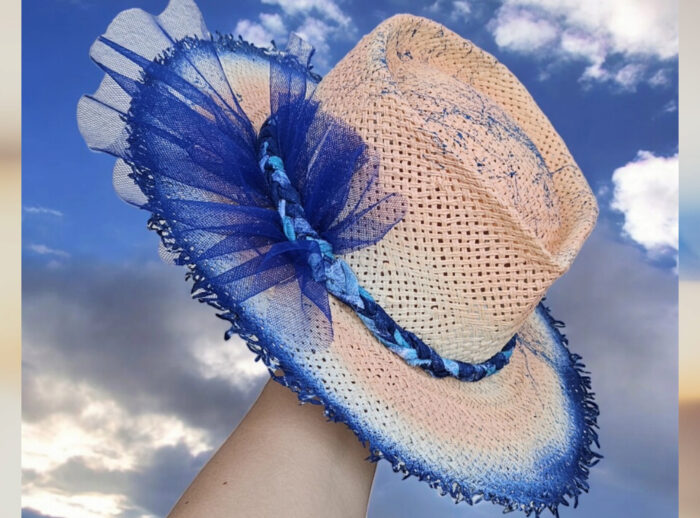 Peach pink blue straw hat unique with blue tulle straw hat