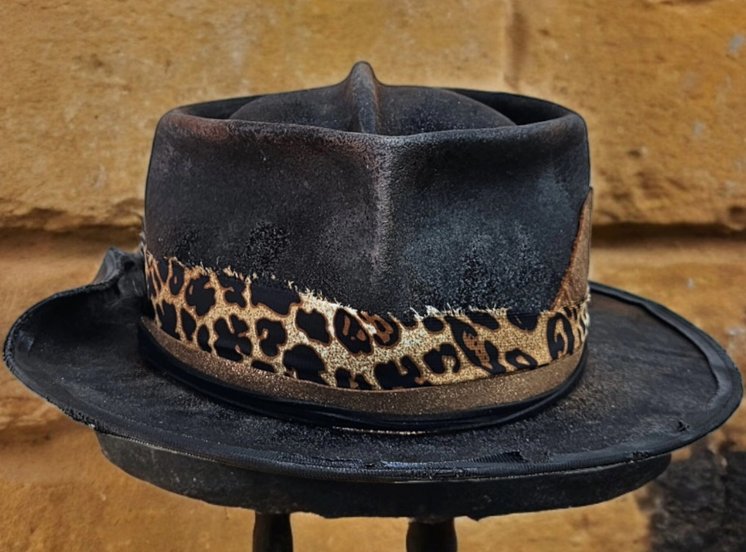 trashy black animal print felt burnt hat unique concept with leather details
