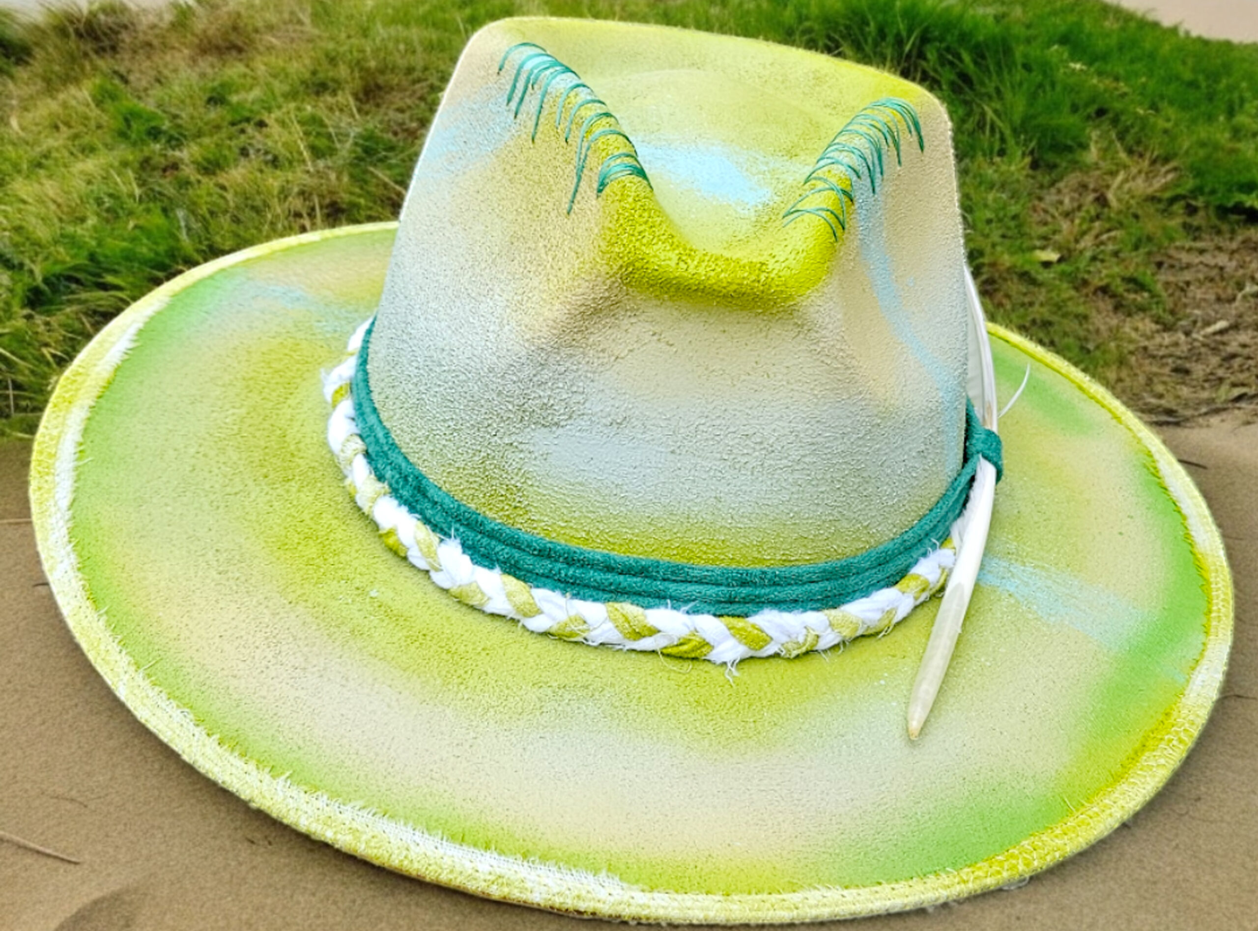 Summer green hat unique painted hat with blue green colours
