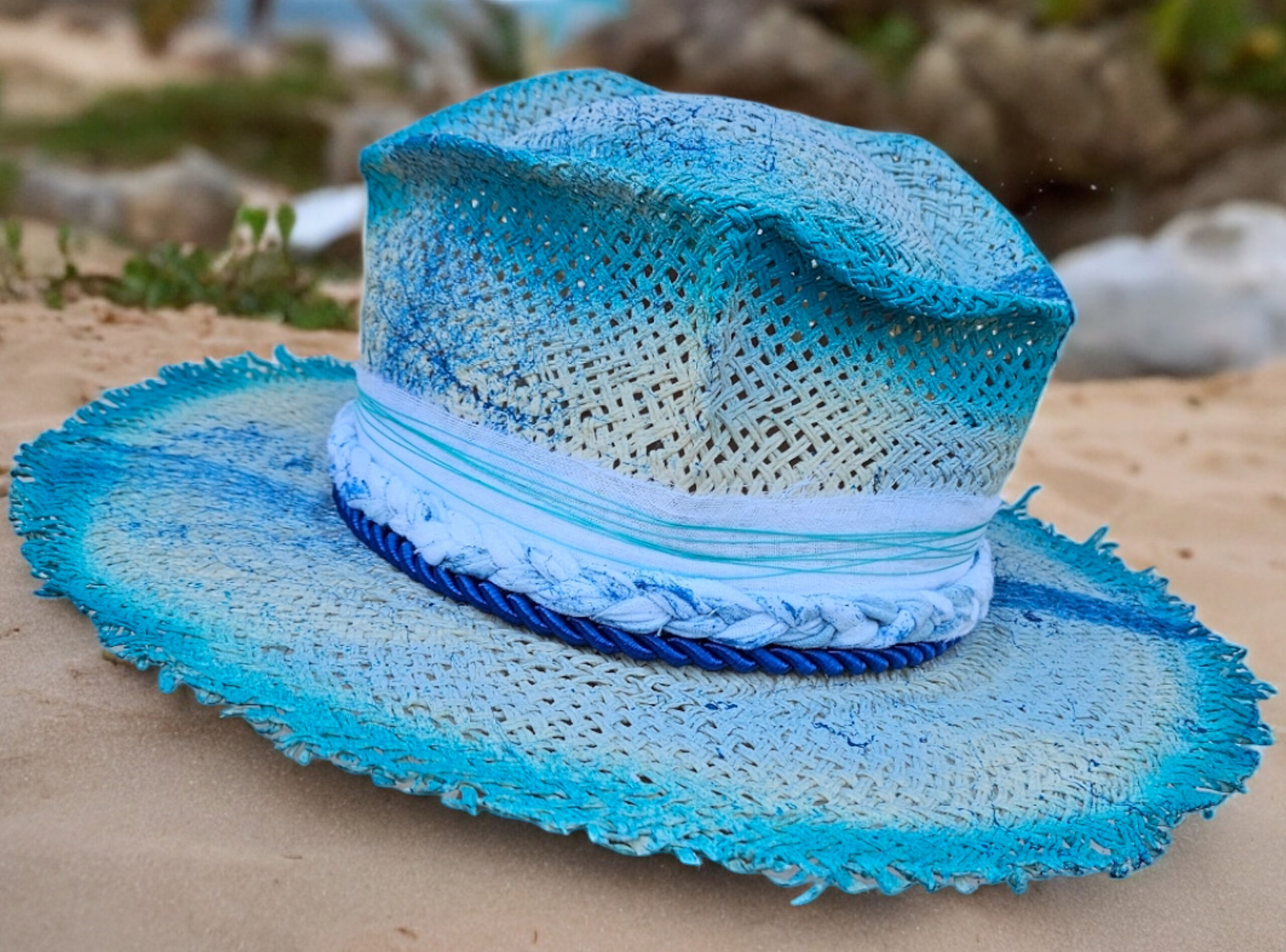 Blue straw summer hat handpainted unique model with blue white decor