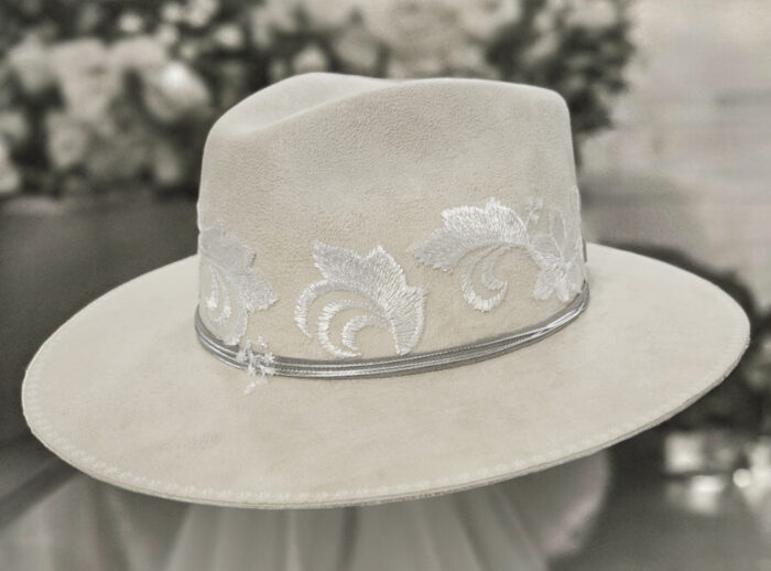 bridalhat white hat with lace and silver leather bow