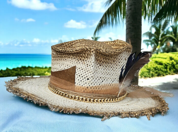 white gold chain hat with feathers and gold leather decor