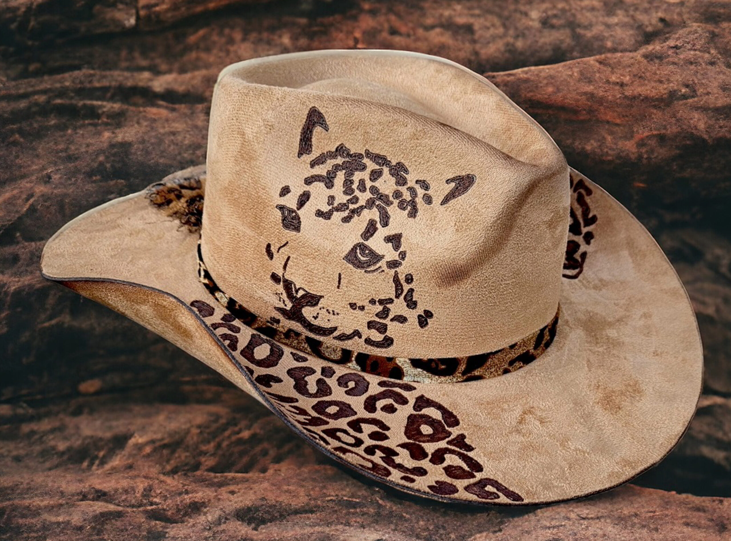 brown engraved tiger hat western unique hat