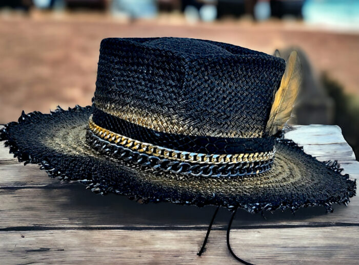 Black gold leather croco gold chain feather summer hat