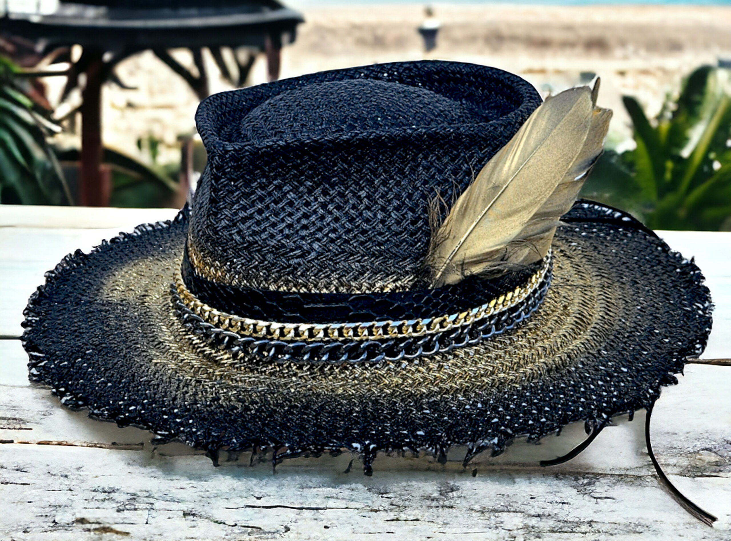 Black gold leather croco gold chain feather summer hat