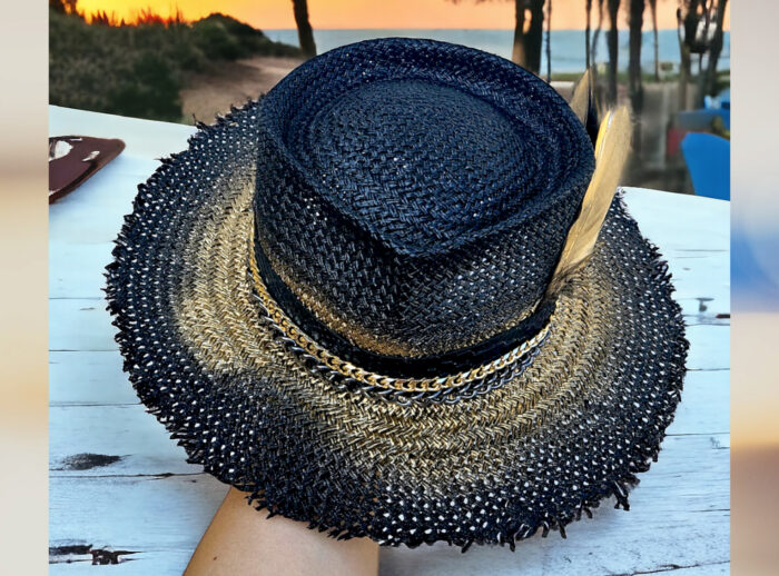 Black gold leather croco gold chain feather summer hat