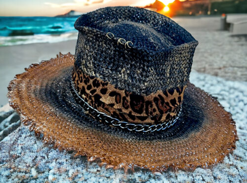 Brown gold black straw summer handpainted hat unique concept designer hat
