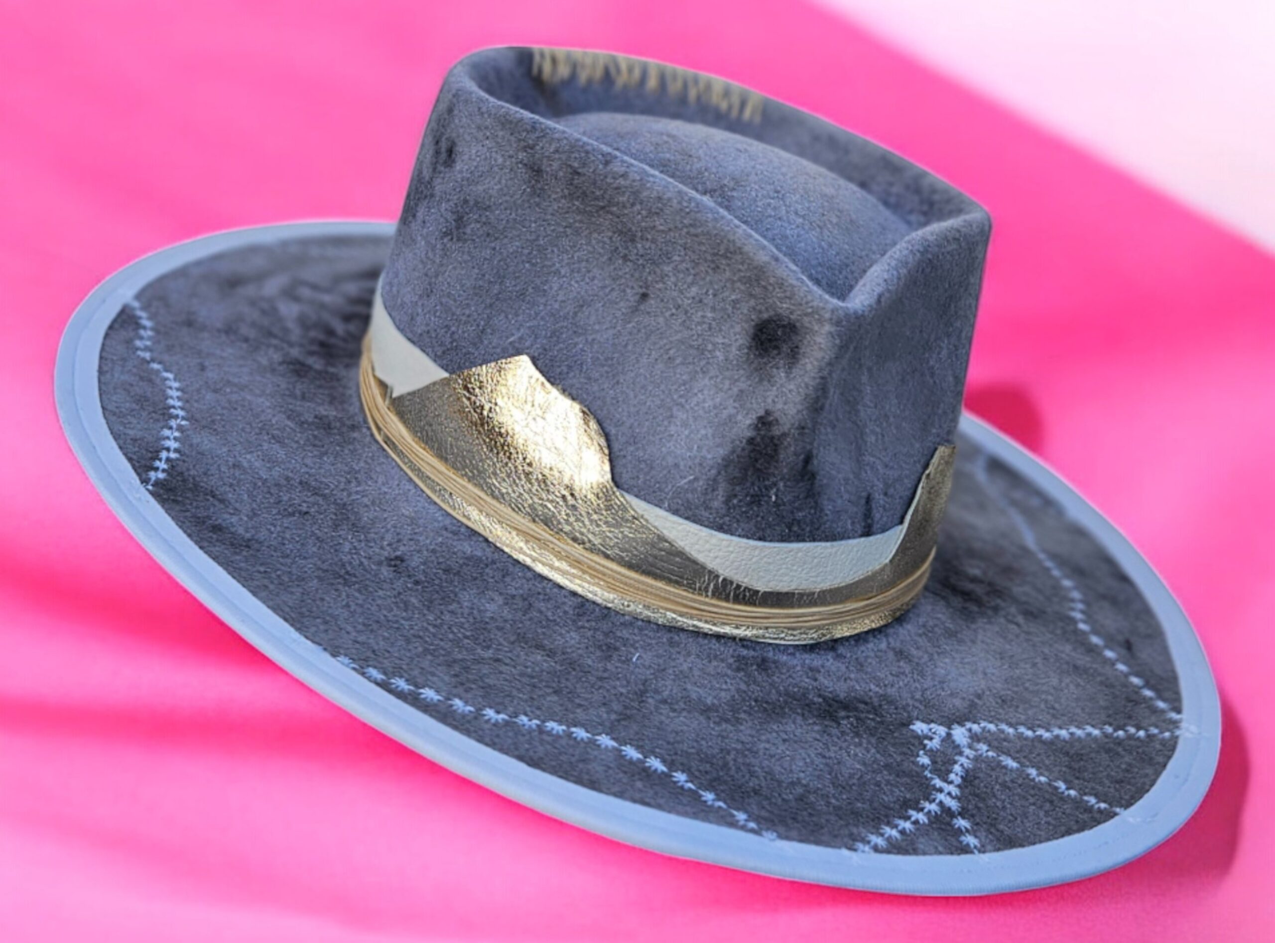 felt grey hat unique handpainted with natural leather on the decor