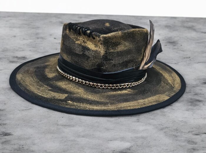 black gold felt wool hat handpainted gold with gold chain