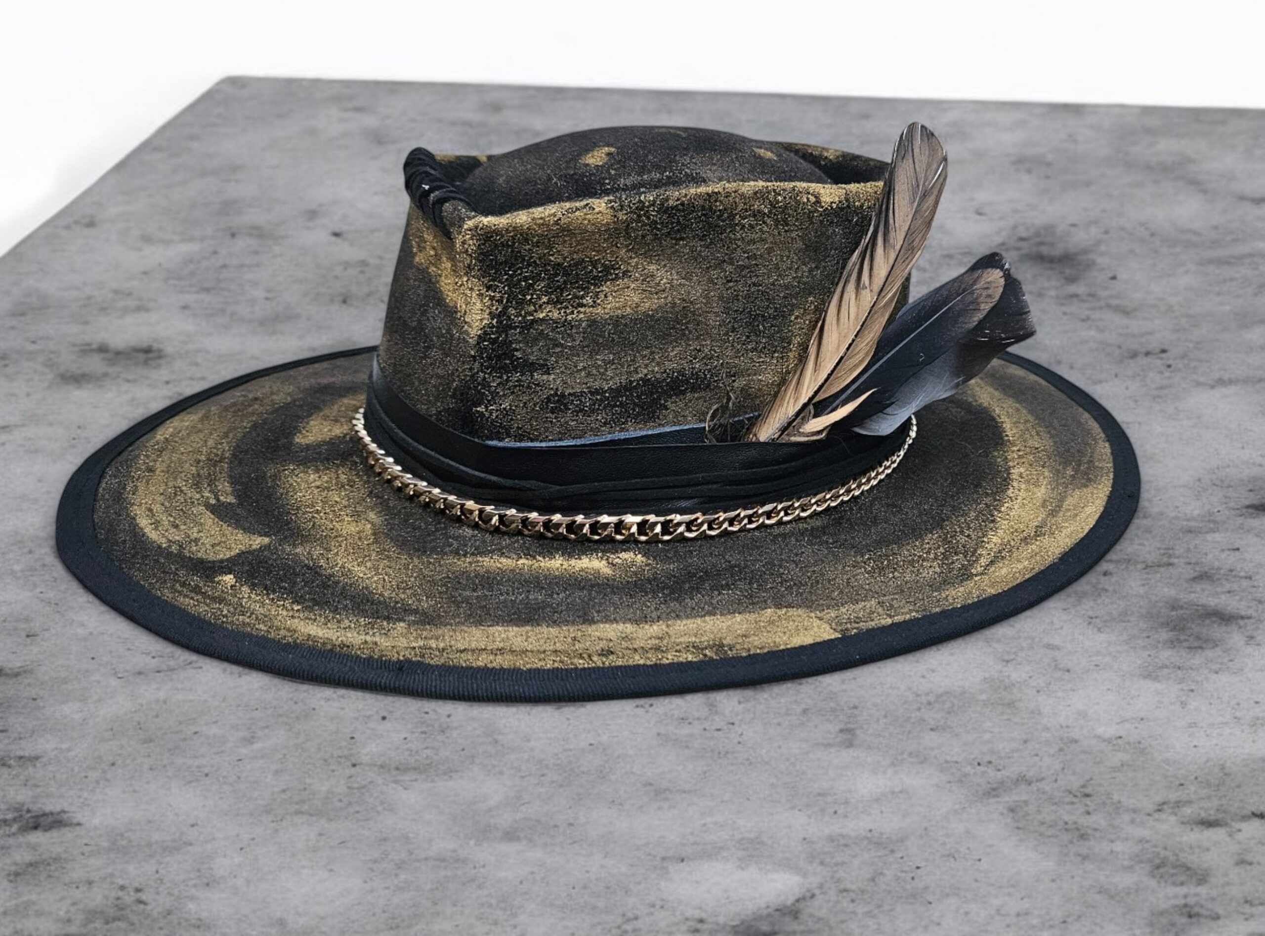 black gold felt wool hat handpainted gold with gold chain