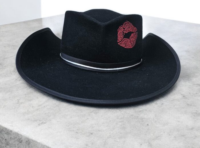 western black hat with rhinestone attached, red lips, cool design wool hat handmade