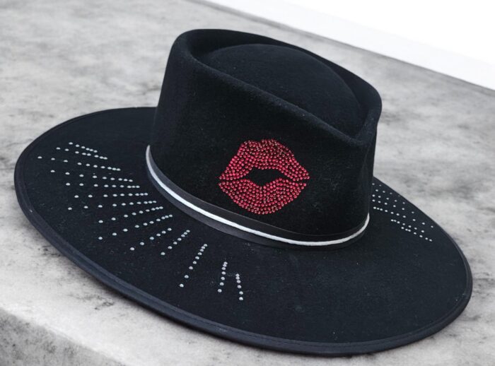 Handmade hat black felt hat with rhinestones and red lips rhinestones attached