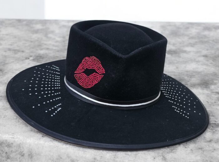 Handmade hat black felt hat with rhinestones and red lips rhinestones attached