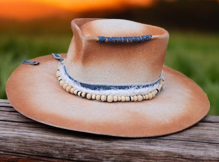 white beige felt wool handmade hat with jeans denim decor and blue accents