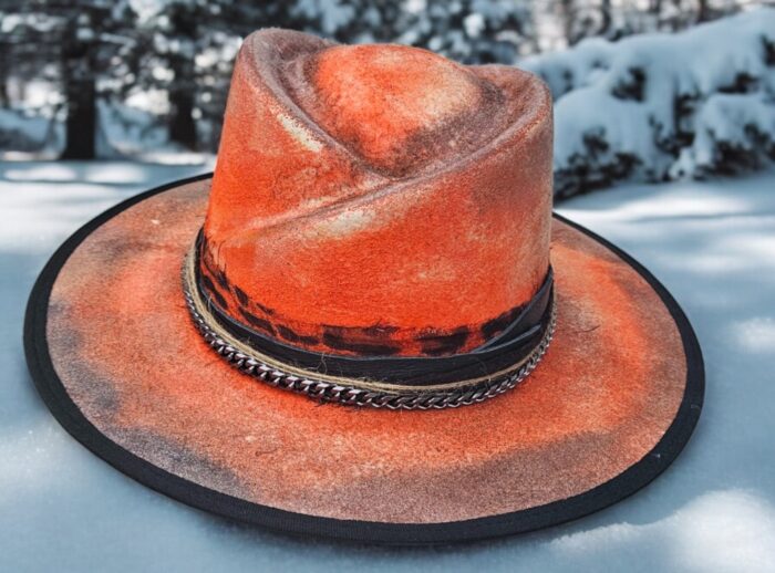 orange handmade fell wool hat, unique design, creative and special