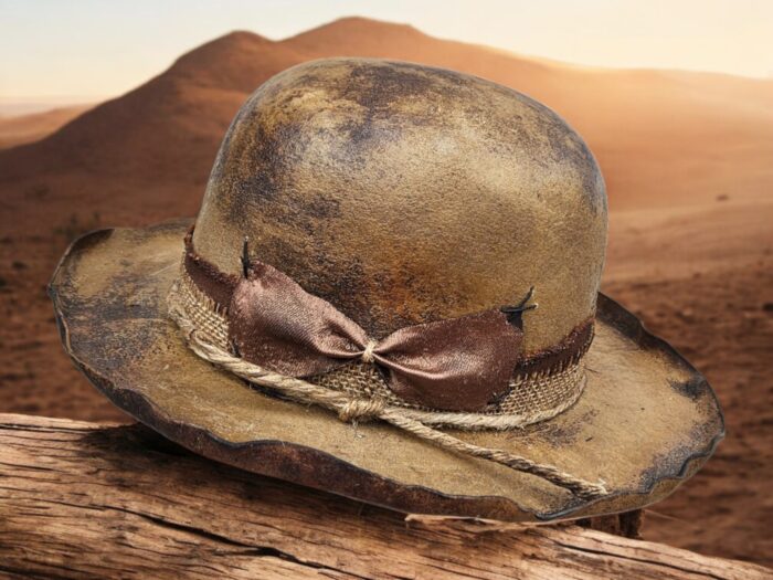 Vintage-Inspired Handmade Felt Hat – One of a Kind Crafted with soul and character, this one-of-a-kind handmade felt hat carries the spirit of the desert and the allure of timeless adventure. Its distressed, weathered look gives it a vintage charm, while the irregular brim and earthy tones evoke the essence of raw, natural beauty. Accented with a rustic jute rope, a burlap band, and a worn satin bow, this hat tells a story of craftsmanship and individuality. Whether you're wandering under the sun or adding edge to your outfit, this piece is more than an accessory—it's a statement.