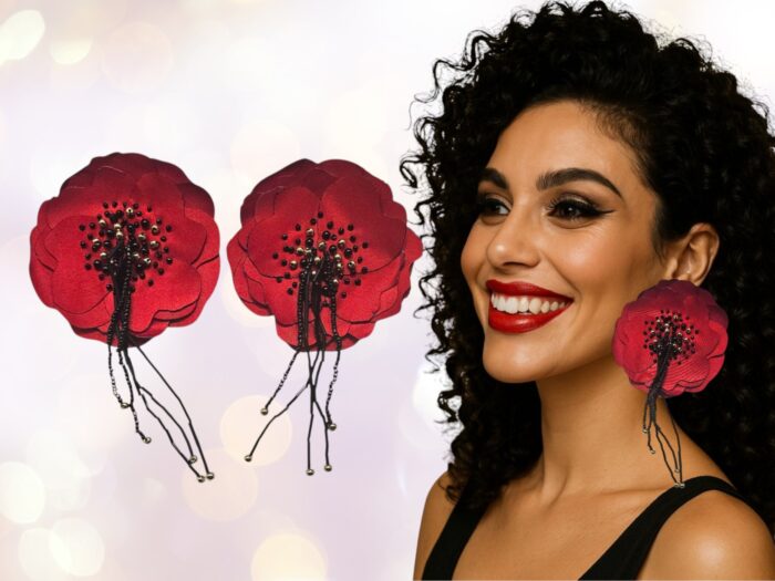 Fierce, bold, and undeniably passionate. These red floral earrings were made for the fearless. The rich red petals combined with striking black details and flowing fringe make them the perfect power statement. Wear them when you want to turn heads—and break hearts.