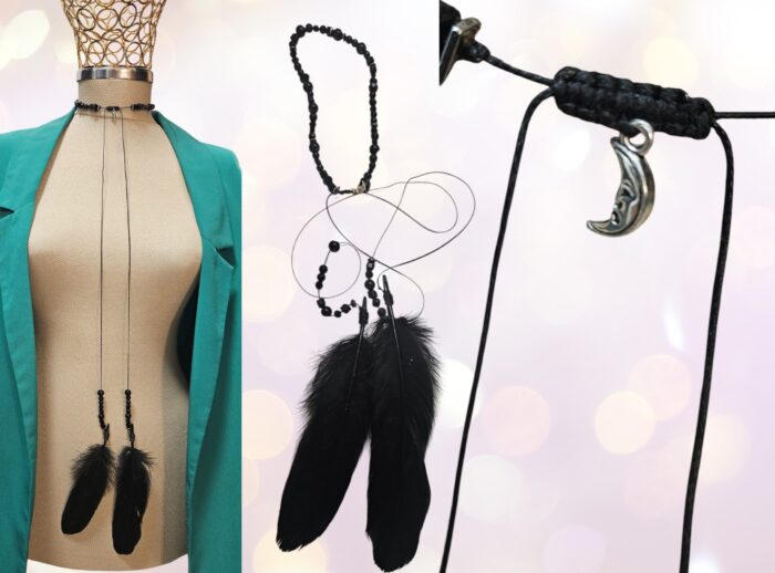 Handmade unique choker – designed to stand out. This one-of-a-kind necklace features shimmering beads that catch the light and natural feathers for a boho-chic, mysterious touch. Carefully crafted by hand, it blends elegance with artistic edge, making it the perfect accessory for special occasions or bold everyday looks. ✔️ One of a kind ✔️ Light-reflecting beads ✔️ Natural feathers ✔️ Adjustable and comfortable to wear